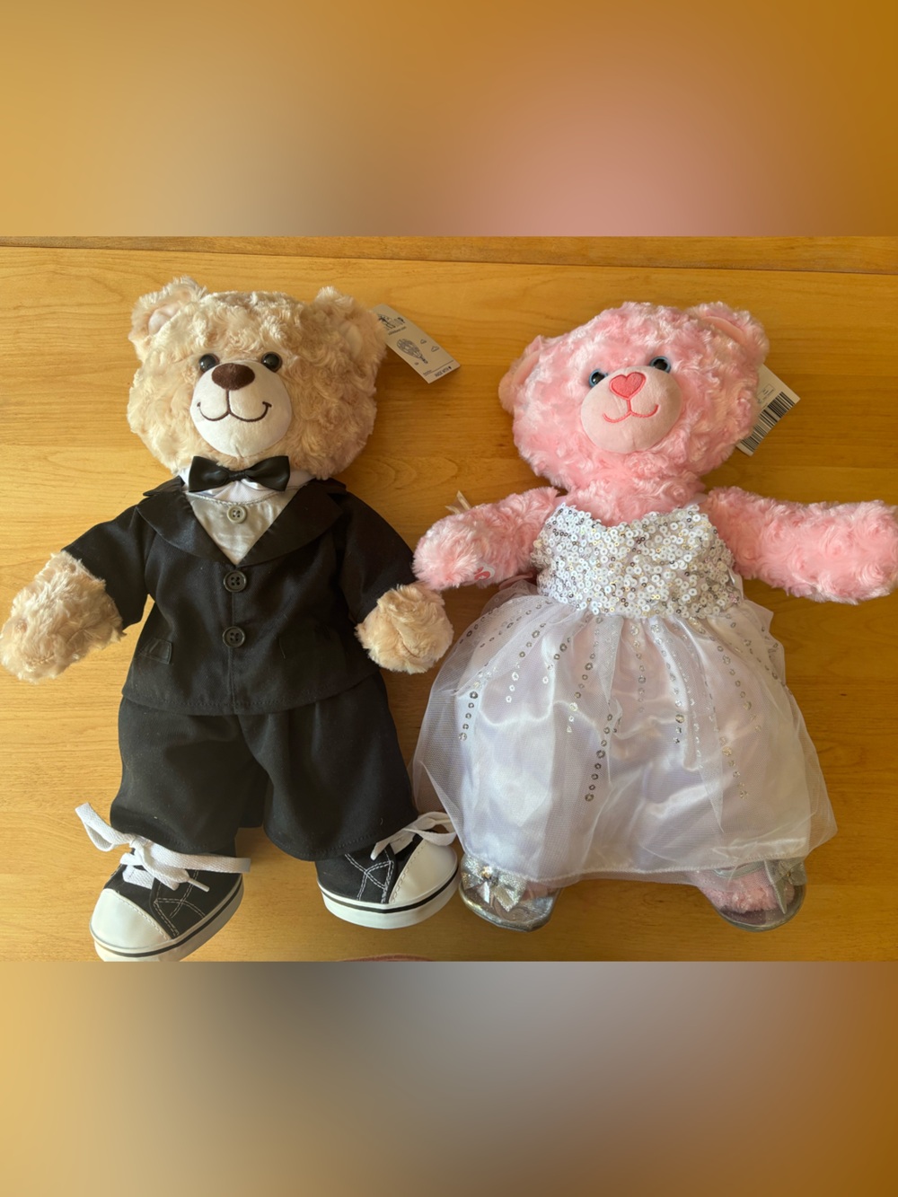 Build-A-Bear Wedding Teddy Bears (two)- Cream + Pink, Like New with Tags